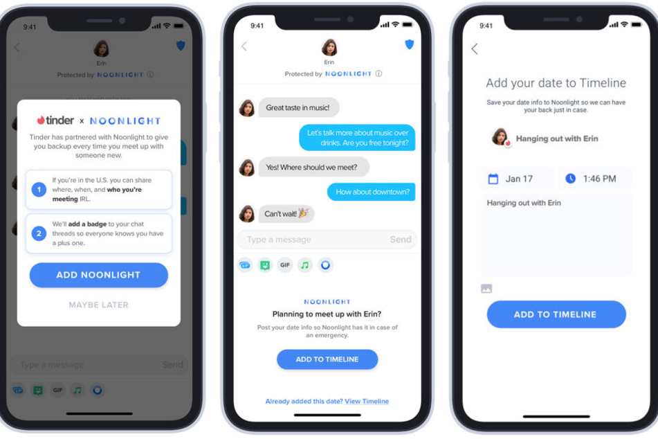 Gemeinsam mit Noonlight werden Tinder-User auf Dates abgesichert.
