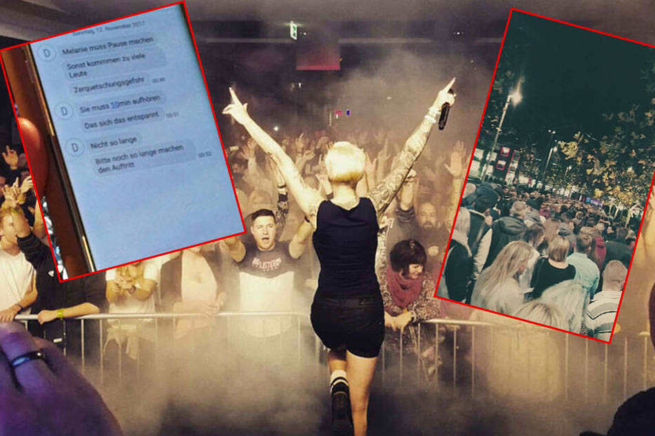 "Melanie muss Pause machen - Zerquetschungsgefahr", schreibt der Veranstalter während des Auftritts der Dschungelkönigin. Rechts: Die lange Schlange vor dem Eingang.