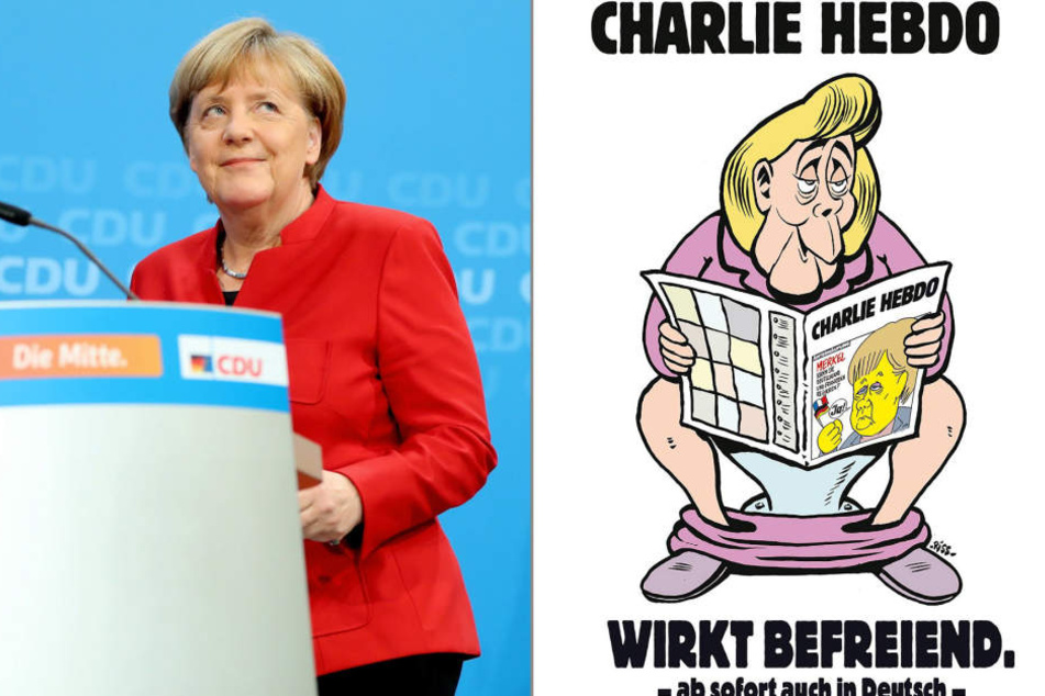 Charlie Hebdo wirbt mit Angela Merkel für die erste Ausgabe in Deutschland.