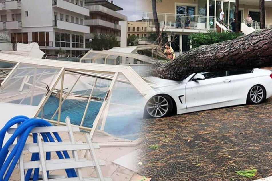 Ein verwüstetes Schwimmbad und ein Baum, der auf ein Auto gekracht ist, zeugen von dem heftigen Unwetter in Milano Marittima.