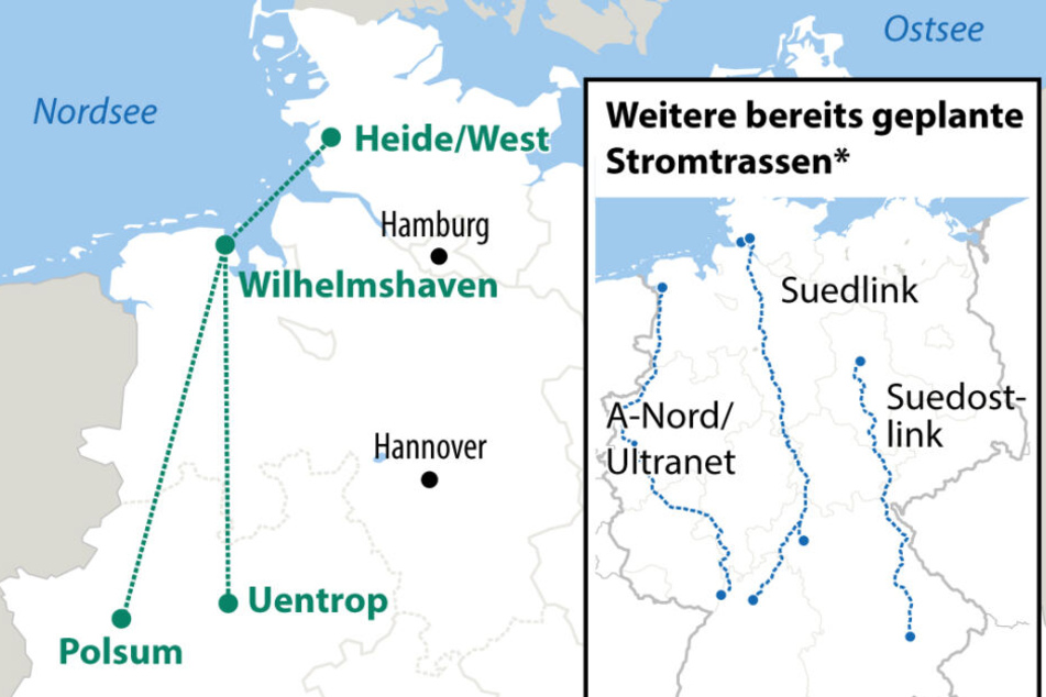 Die neue Stromtrasse könnte von Norddeutschland nach NRW führen.