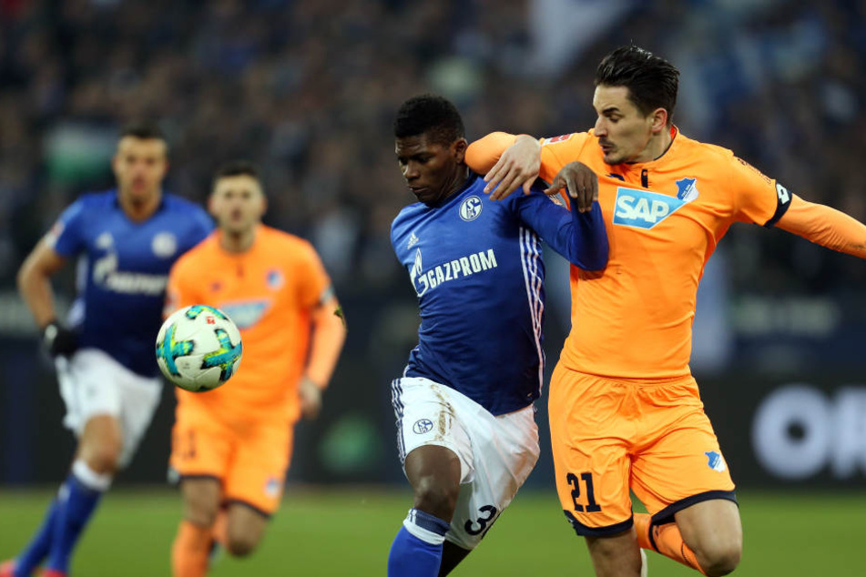 Schalkes Breel Embolo und Hoffenheim Spieler Benjamin Hübner lieferten sich einen Zweikampf.