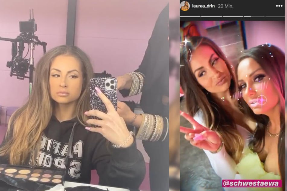 Links: Laura in der Maske. Rechts: Laura und Schwesta Ewa albern herum.