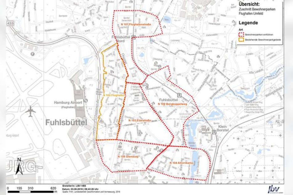Hier entstehen die neuen, zusätzlichen Anwohnerparkzonen in Hamburg-Fuhlsbüttel (rot).