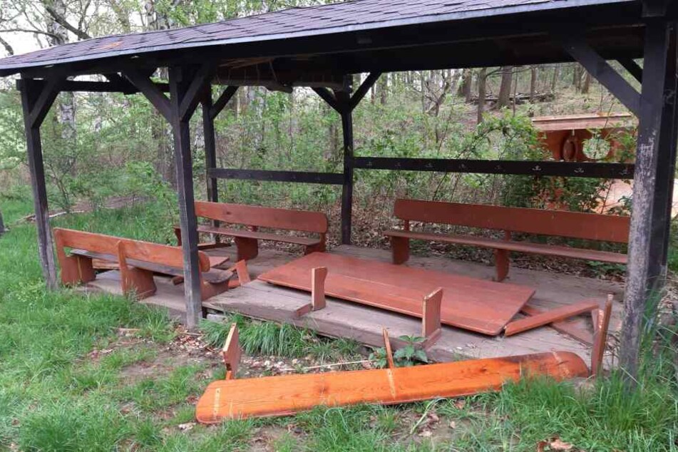 Die Tischbeine liegen verstreut, die Platte auf dem Boden. So haben Vandalen eine ehrenamtlich geschaffene Waldsitzgruppe in Seelingstädt hinterlassen.