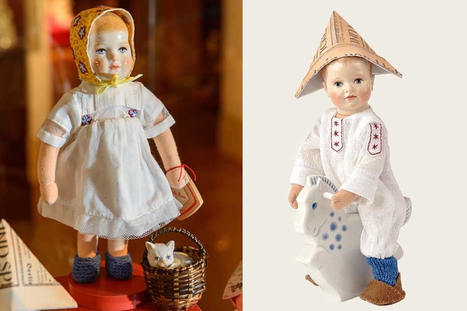 Bei der Käthe-Kruse-Puppe Fritz sind Kopf und Schaukelpferd aus Meissner Porzellan.
