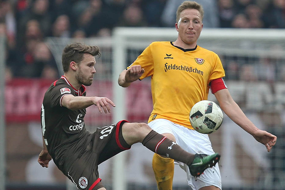 Dynamo-Kapitän Marco Hartmann (r.) könnte sich heute um Paulis Christopher Buchtmann kümmern.