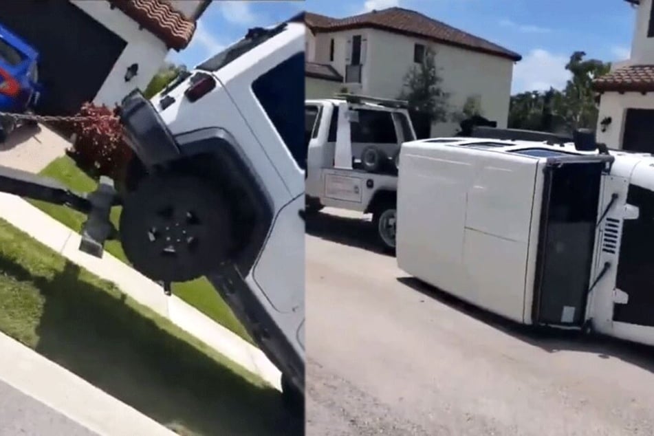 Das Abschleppen misslang, der Hummer kippte auf die Seite.