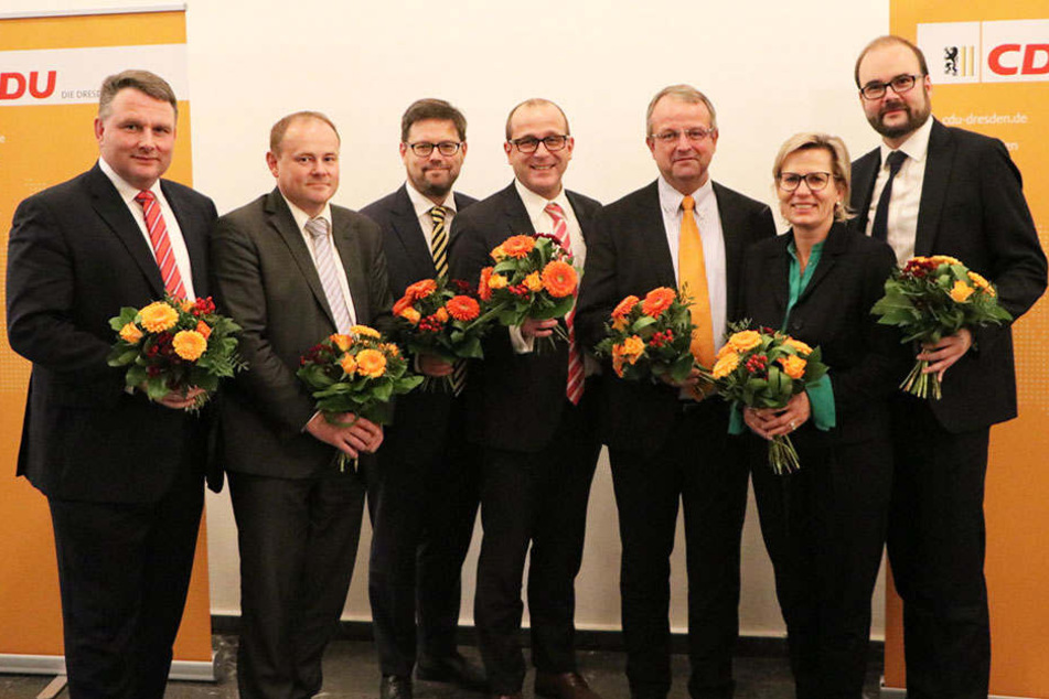 Wollen für die CDU aus Dresden in den Landtag: Christian Hartmann, Gunter Thiele, Lars Rohwer, Martin Modschiedler, Ingo Flemming, Barbara Klepsch und Christian Piwarz (v.l.).