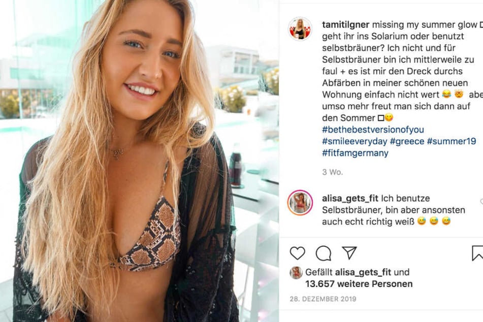 Das Bild zeigt den Screenshot eines Instagram-Posts von Tami Tilgner: Darin ist die Boggerin mit geschminktem Gesicht zu sehen.