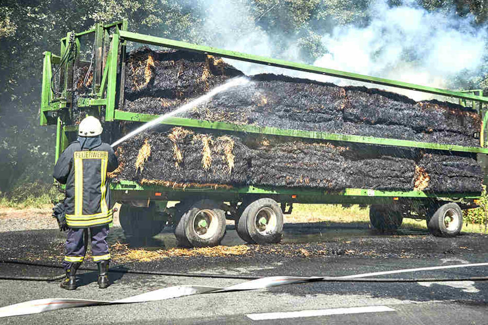 Feuerwehrleute löschten die brennende Ladung eines Gespanns.