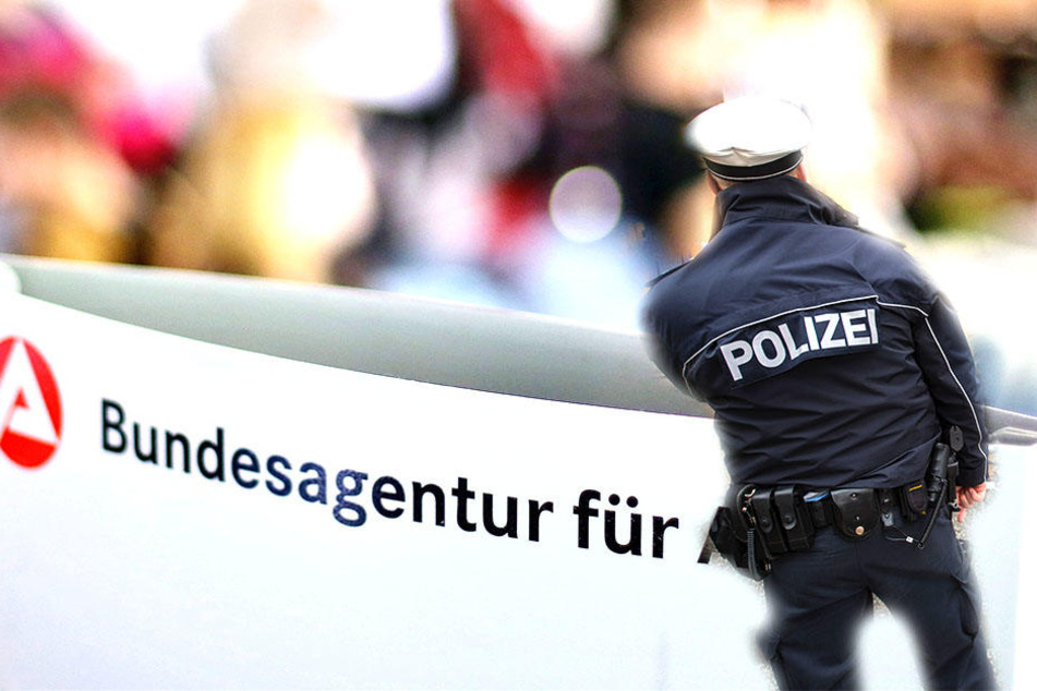 In der Arbeitsagentur Reichenbach ging ein Mann auf eine Angestellte los, forderte von ihr Geld, später flüchtete er vor dem Zugriff der Polizeibeamten (Bildmontage).