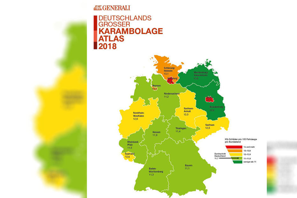 Die Farbe in den Landkreisen zeigt die Schadenshäufigkeit an: wie viele von 100 Versicherten haben im Jahr einen Schadensfall (siehe Legende). Die Zahl kennzeichnet die Höhe des Schadens.