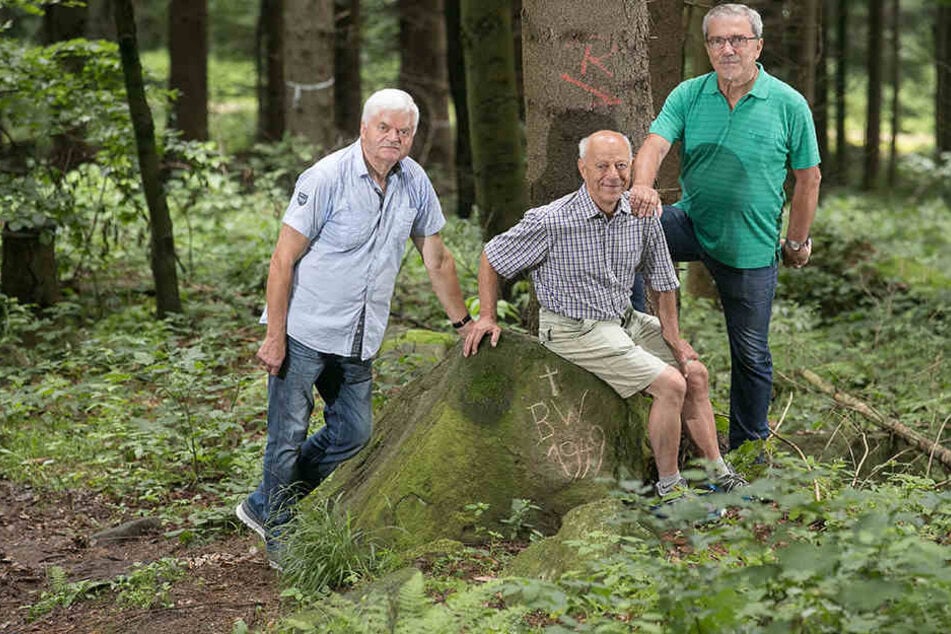 Roland Trojovsky (75, links), Dietmar Ganze (73) und Erhard Dietmar Lenz (67) könnten ruhiger schlafen, würde das Rätsel um den Stein endlich gelöst.