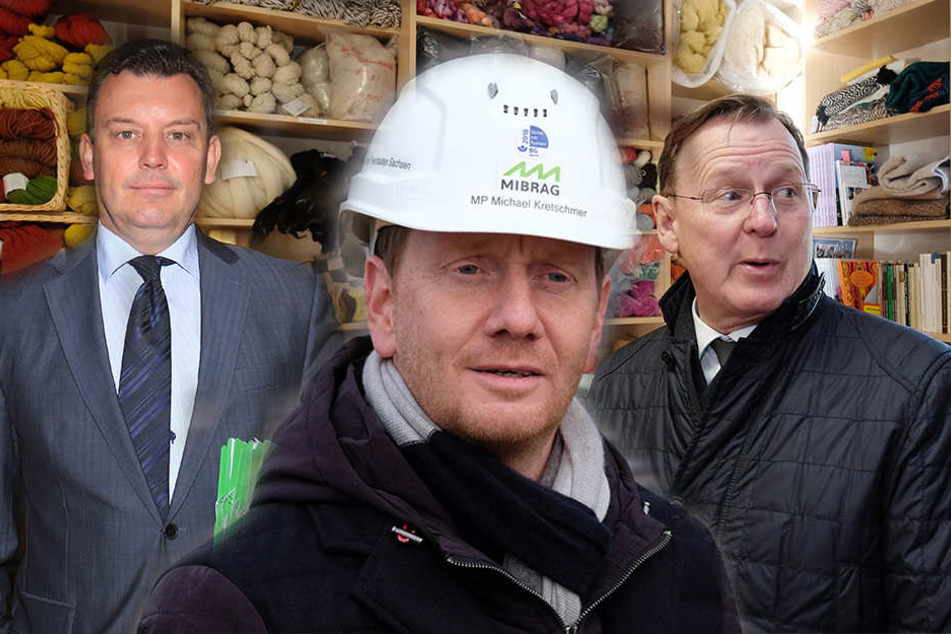 Sie sprechen sich für mehr Zusammenarbeit aus: Sachsen-Anhalts Finanzminister André Schröder und die Ministerpräsidenten Michael Kretschmer und Bodo Ramelow (v.l.n.r.)