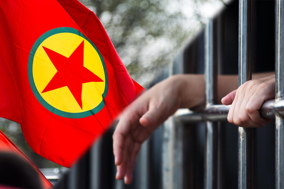 Links ist die verbotene Fahne der PKK-Arbeiterpartei.