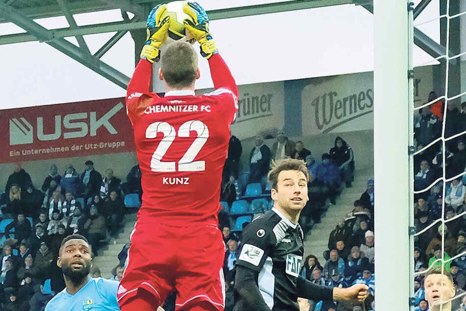 Hier ging es gut: CFC-Keeper Kevin Kunz pflückt einen Eckball im Spiel gegen Magdeburg runter. Verloren hat Chemnitz trotzdem.