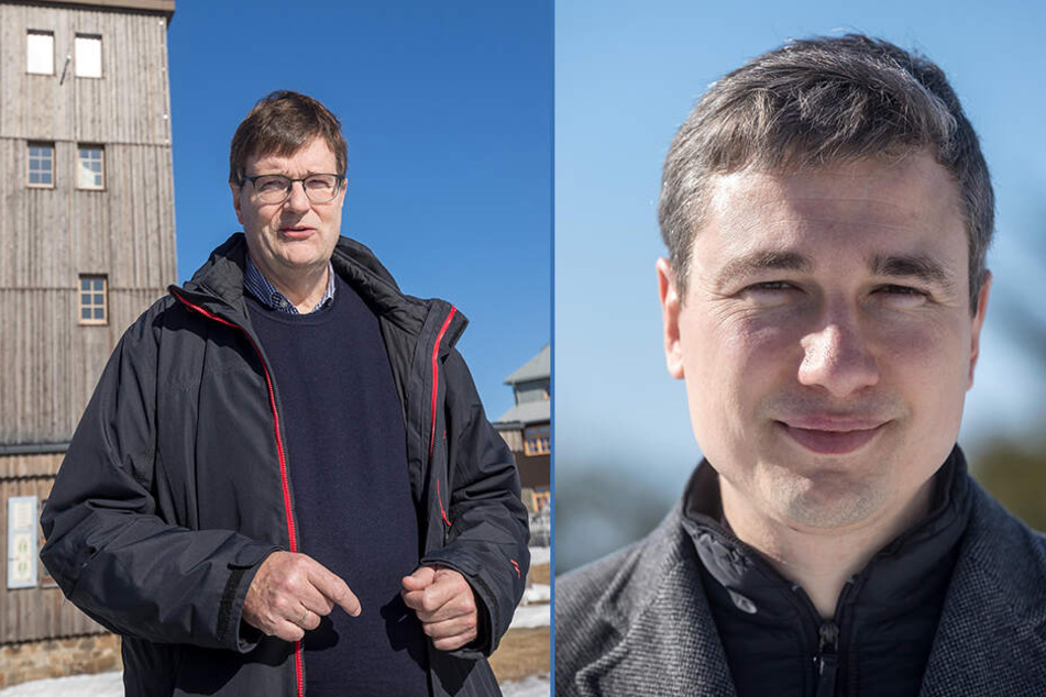 Prof. Dr. Gerhard Adrian (60, F.l.) sprach sich für die Vollautomatisierung der Wetterwarte aus. Stephan Kühn (39, Grüne, F.r.) wünscht sich die Wetterbeobachter am Fichtelberg zurück.