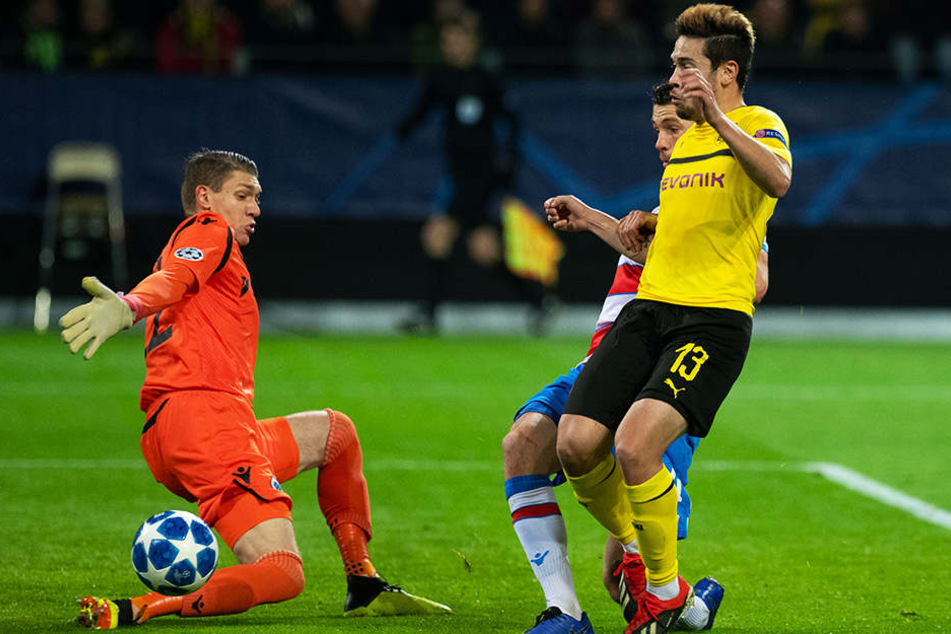 Brügges Verteidiger bekamen lange Zeit immer noch ein Bein dazwischen. Hier kommt BVB-Linksaußen Raphael Guerreiro (r.) einen Schritt zu spät.