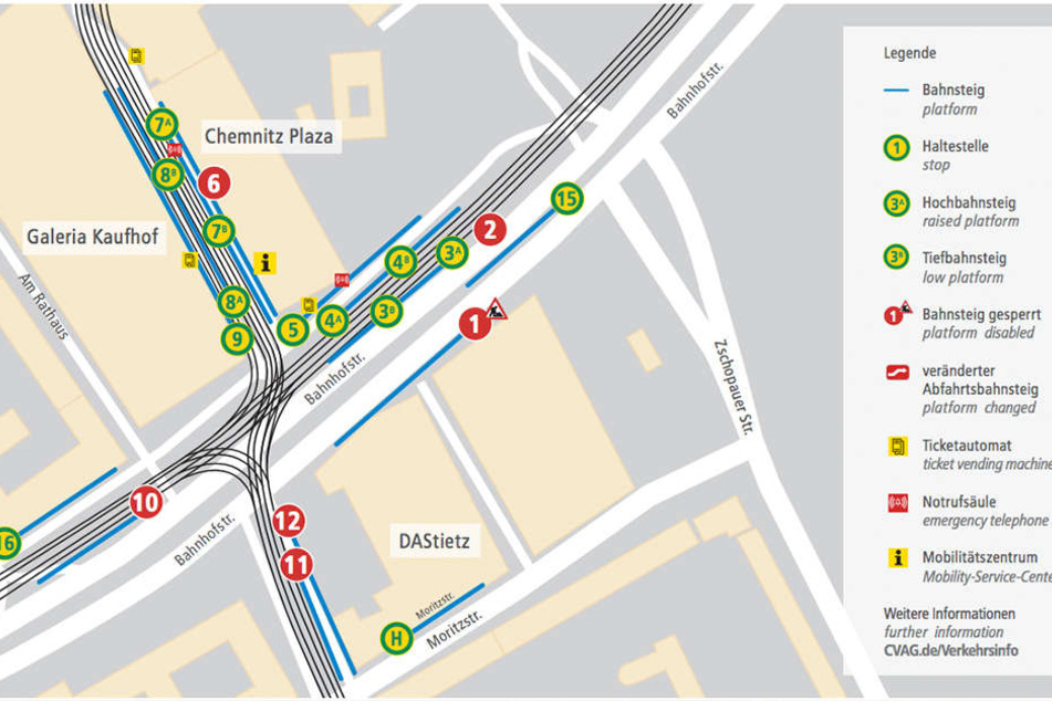 Die rotmarkierten Bahnsteige werden ab Montag gesperrt.
