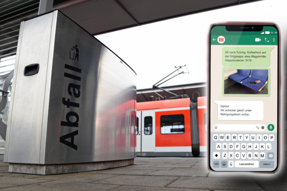 Wenn Müll nicht im Abfalleimer sonder in der S-Bahn entsorgt wurde, kann man das per WhatsApp an ein Reinigungsteam melden. (Bildmontage)