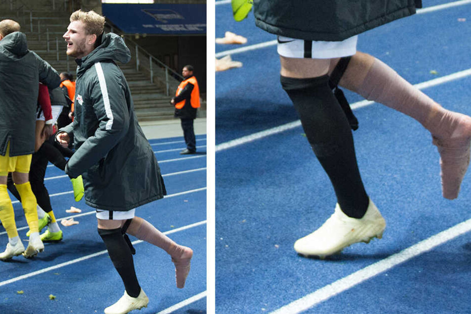 Timo Werner ging nach dem Abpfiff und mit einem Doppelpack im Rücken, jedoch dick einbandagiert zum RB-Block und feierte mit den mitgereisten Fans.