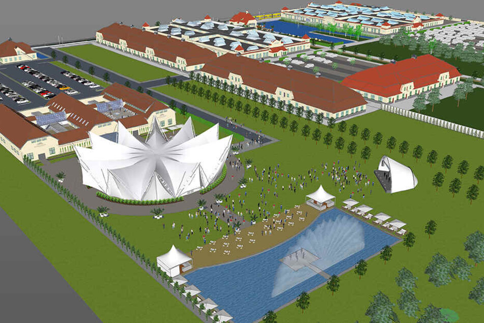 So soll das neue Event-Areal bebaut werden: Ostra-Studios (v.l.), Ostra-Dome und Open-Air-Gelände mit Wasserbecken.