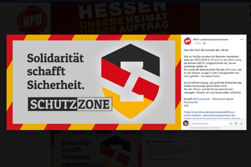 Dieser Facebook-Screenshot zeigt den Schutzzonen-Aufruf des hessischen Landesverbandes der NPD vom Dienstag.