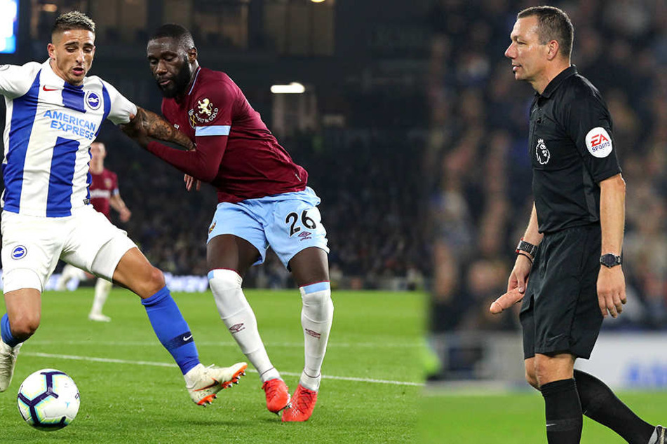 Anthony Knockaert (links) und Arthur Masuaku (Mitte) kämpfen beim Match zwischen Brighton und West Ham United um den Ball. Alle Augen sind jedoch auf Schiri Kevin Friend und seinen Dildo-Penis gerichtet.