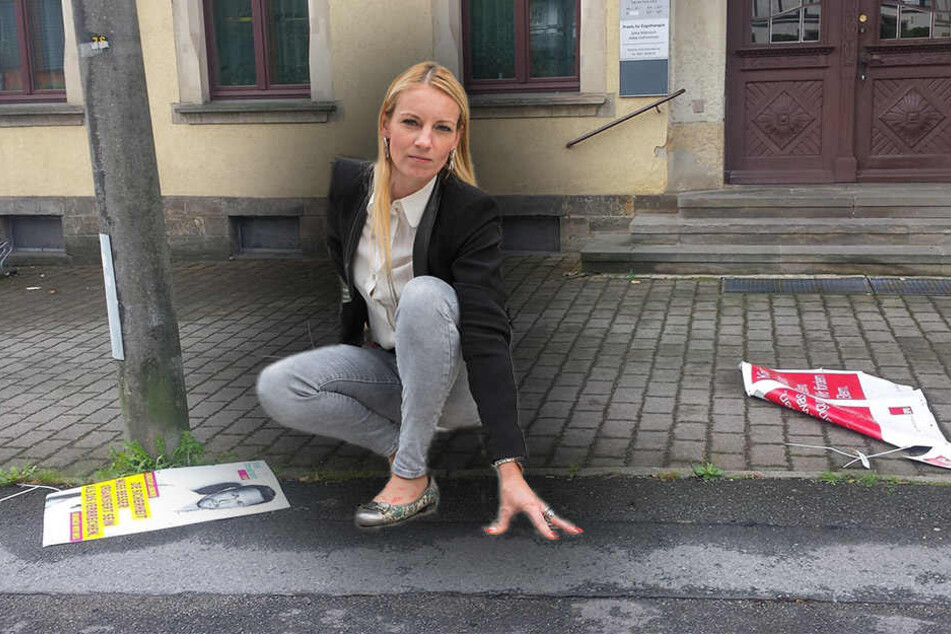 SPD-Frau Kristin Sturm wehrt sich gegen den Plakat-Vandalismus. (Bildmontage)