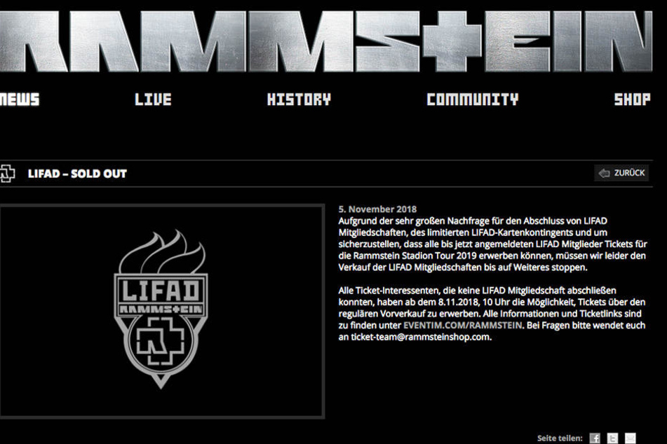 Auf der Homepage erklärte Rammstein der Verkauf von "LIFAD"-Mitgliedschaften für vorerst beendet.