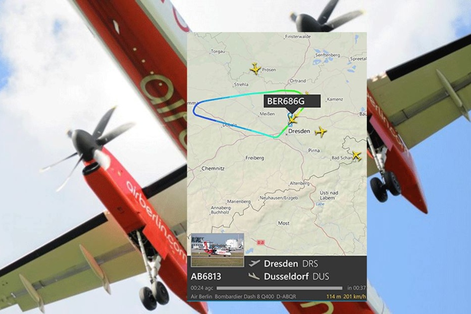 Die Grafik bei Flightradar zeigt, dass die Bombardier DGHC-8-400 bei Grimma wieder umkehrte,