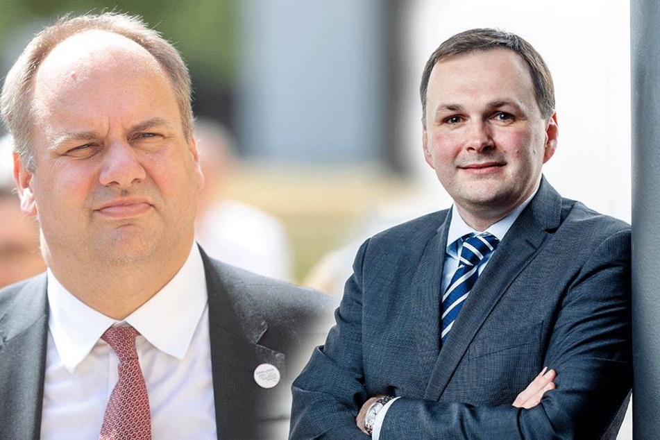 Linke-Chef André Schollbach (r.,39, F.) legt sich mit OB Dirk Hilbert (46, FDP) an.