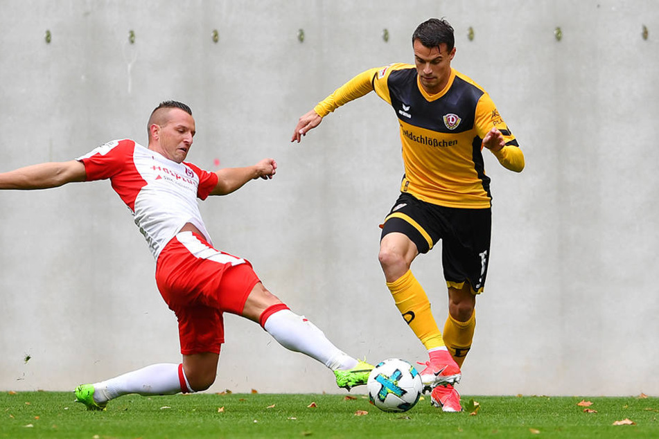 Philip Heise (rechts) stand im Testspiel gegen den Halleschen FC bereits wieder für Dynamo auf dem Platz.
