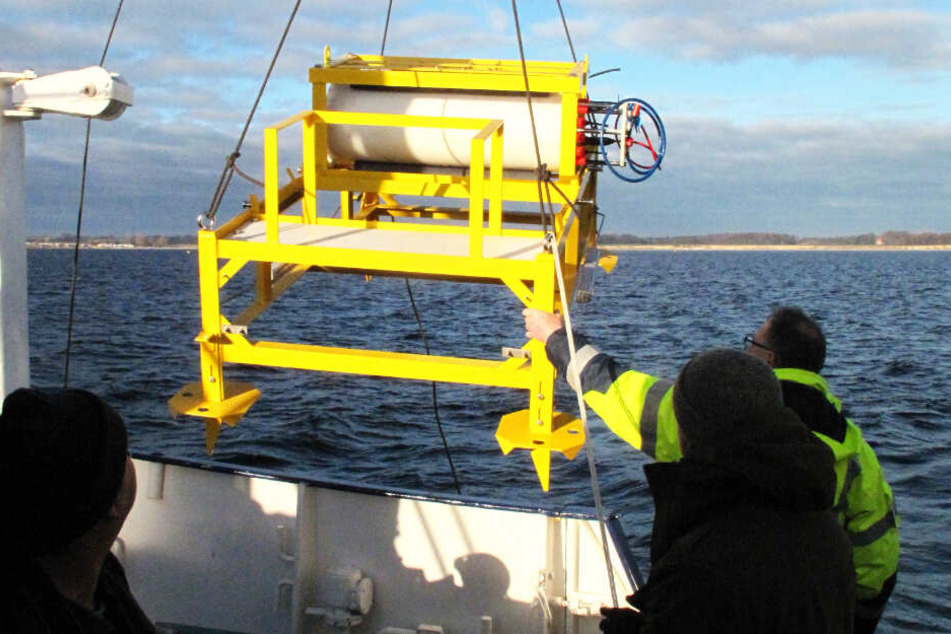 Forscher bringen das für die Stromversorgung verantwortliche Gestell des Unterwasserobservatoriums ins Wasser. (Archivbild)