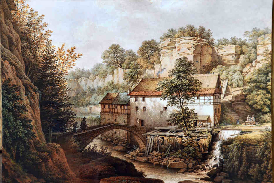 Die Lochmühle auf einem alten Gemälde. Hier ließ sich Komponist Richard Wagner zum Lohengrin inspirieren.