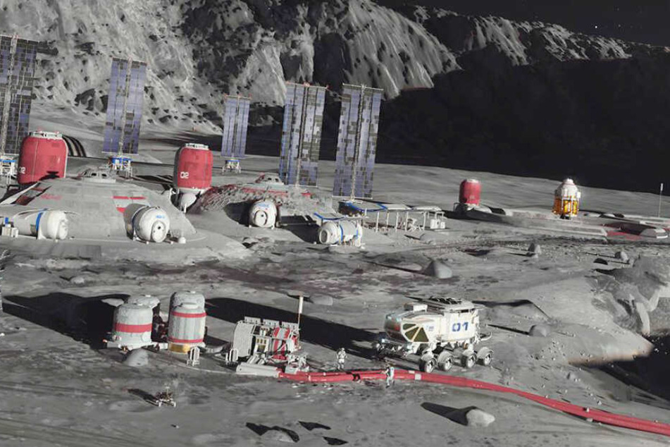Auf einer Mondlandschaft, die am Computer erstellt wurde, stehen Astronauten und Module. Die Landschaft soll in Köln in einer Mond-Halle nachgebaut werden.