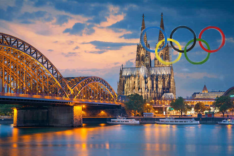 Noch sind die Olympischen Ringe über Köln nur eine Fotomontage. Doch 2032 könnten sie wirklich über Köln hängen.