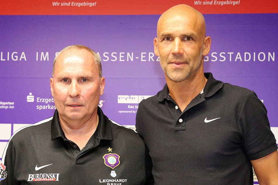 Aue-Präsident Helge Leonhardt (l., 58) und der neue Coach Thomas Letsch (48).