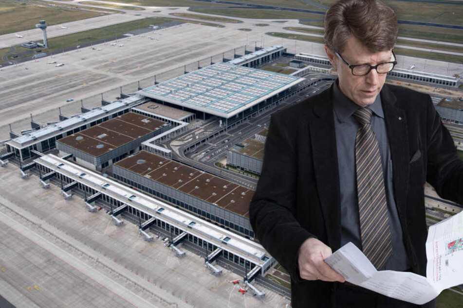 Flughafenchef Engelbert Lütke Daldrup wälzt im Lageplan des fertigen Südterminals am BER. (Bildmontage)