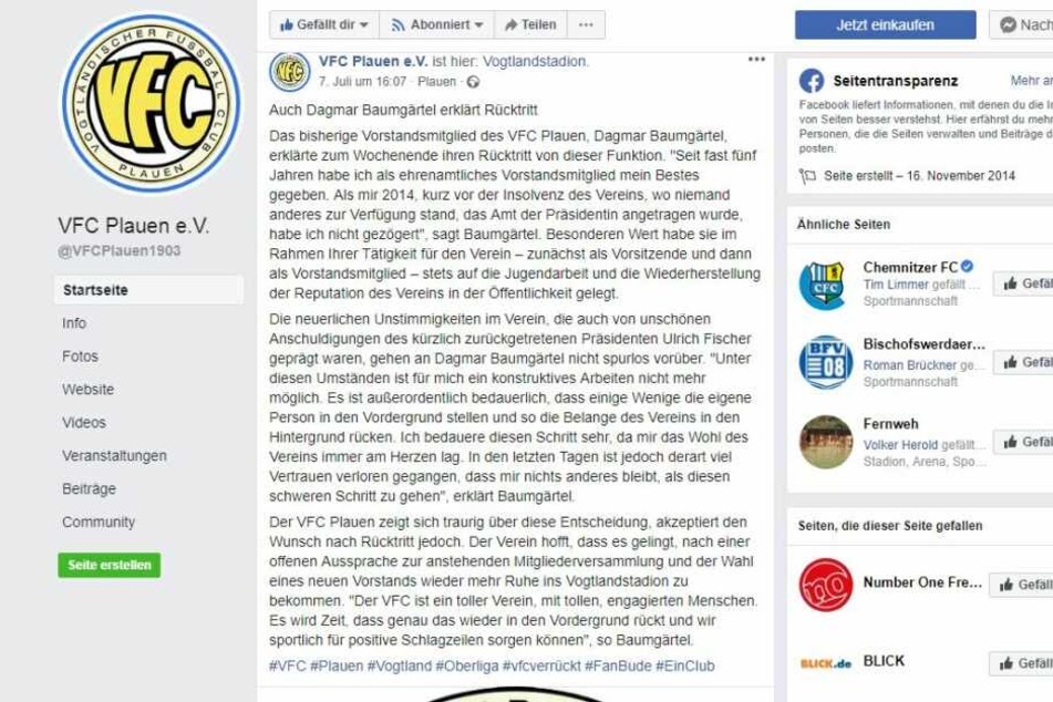 Dagmar Baumgärtel verabschiedet sich via Facebook emotional bei den Fans des Traditionsvereins.