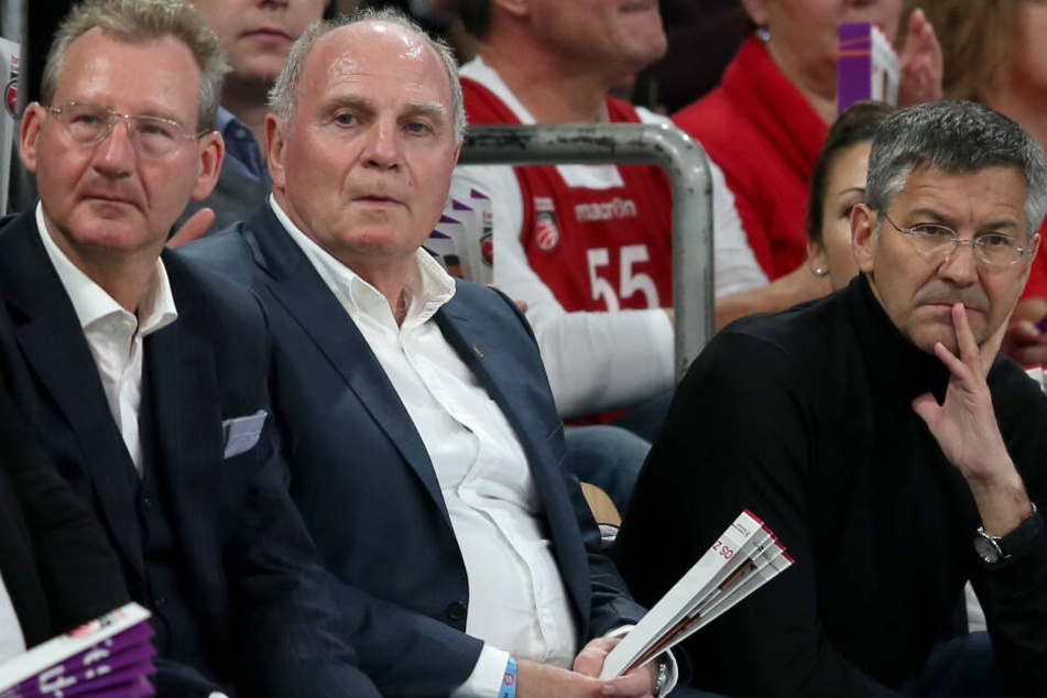 Uli Hoeneß (2.v.l) und Herbert Hainer (r) bei einem Spiel des FC Bayern Basketball.
