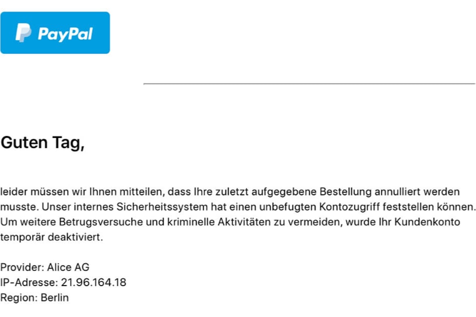 Diese E-Mail stammt angeblich von PayPal.