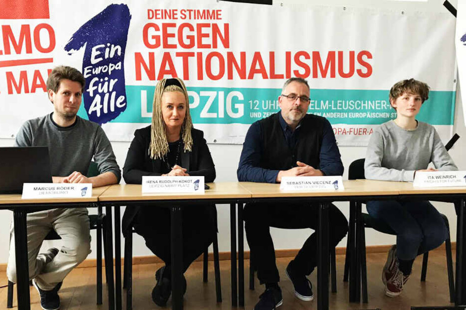 Marcus Röder, Irena Rudolph-Kokot, Sebastian Viecenz und Ita Weinrich stellten am Mittwoch das Programm der Demonstration "Ein Europa für Alle" vor.