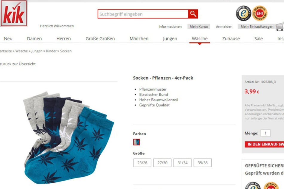 Der Textil-Discounter KiK verkauft neuerdings Kindersocken mit Cannabis-Muster.