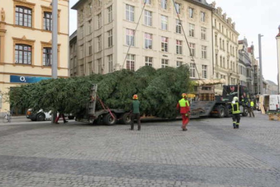 Aufbau des Leipziger Weihnachtsbaumes.