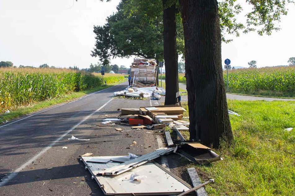 Ein in die Straße hineinragender Ast landete auf dem Lkw-Auflieger.