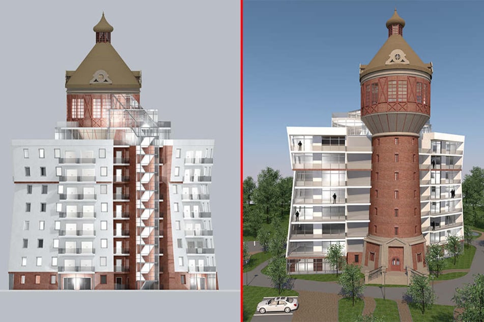 Der altehrwürdige Wasserturm soll um zwei Hotelflügel erweitert werden.