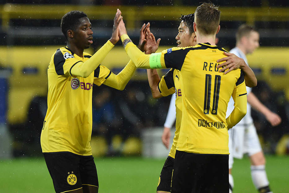 Drei der insgesamt fünf BVB-Torschützen: Ousmane Dembélé, Shinji Kagawa und Marco Reus.
