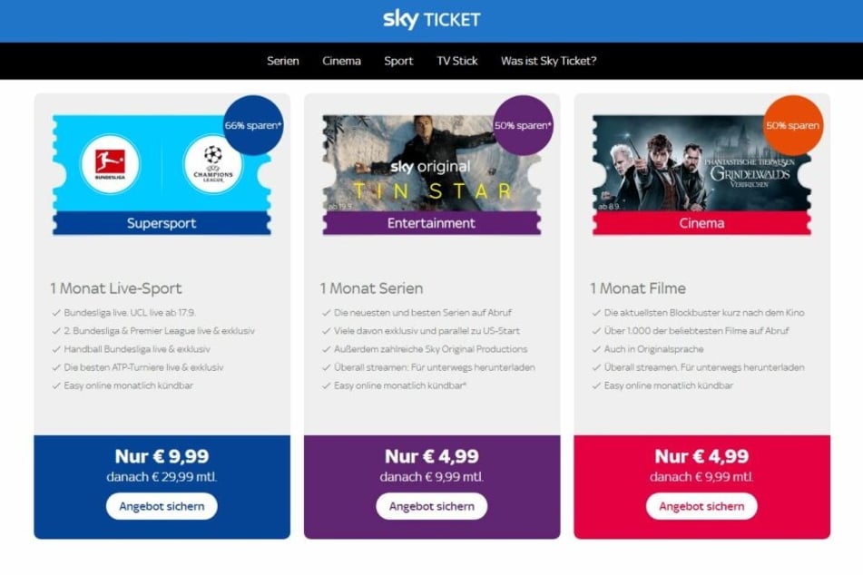 Das Angebot von Sky Ticket ist nach Serien, Filmen und Sport sortiert.